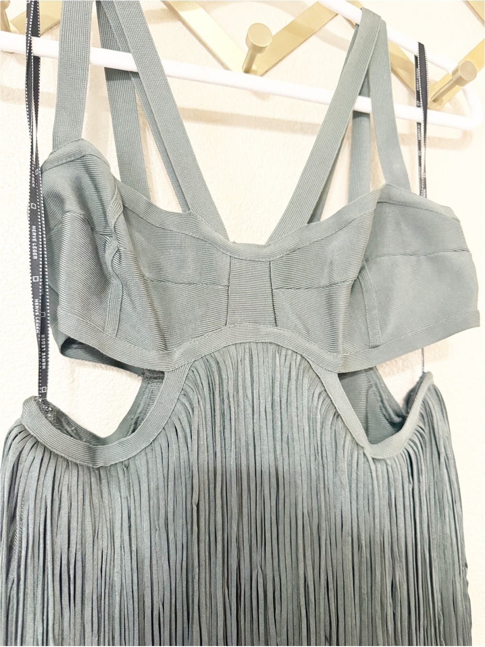 Herve Leger Strappy Tiered Fringe Maxi Dress Cutout Gown in Willow Green Medium - Picture 8 of 12